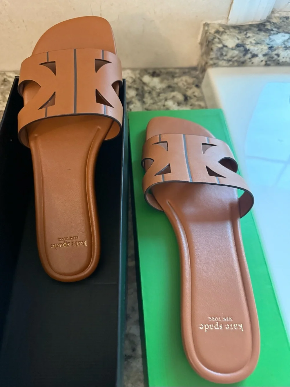 kate spade duo smooth leather tan slide sandals